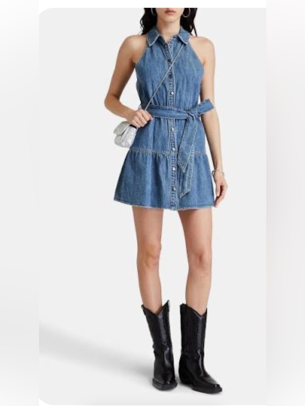 Alice + Olivia Blue Denim Halter Dress with Button Front